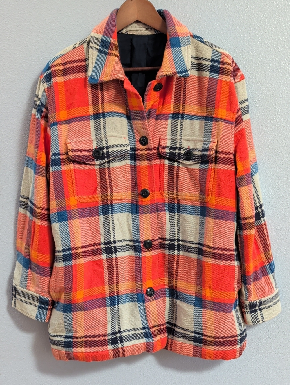 Outerknown Blanket Orange & Cream Plaid Button-Up Shirt Jacket
